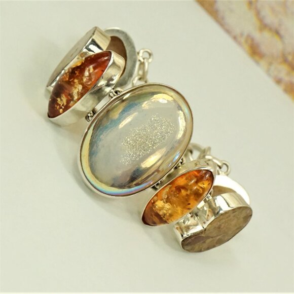 Rare Multi Stone 925 Silver Link Toggle Bracelet With Amber Ammonite Druzy MOP - Picture 13 of 16
